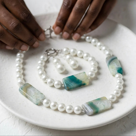 White and Green Stone Pearl Set
