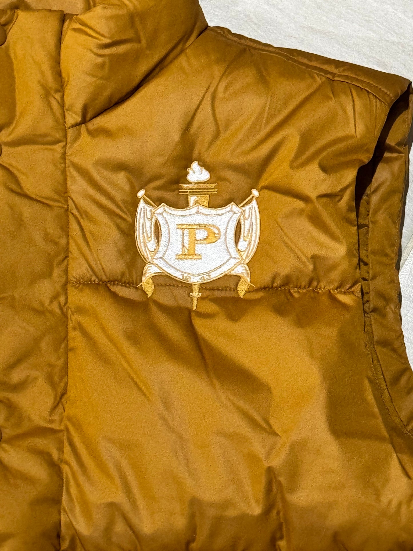 Embroidered Bronze Gold Philo Puffer vest