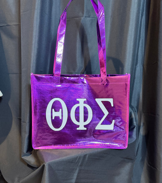 Purple & White Theta Metallic Tote Bag