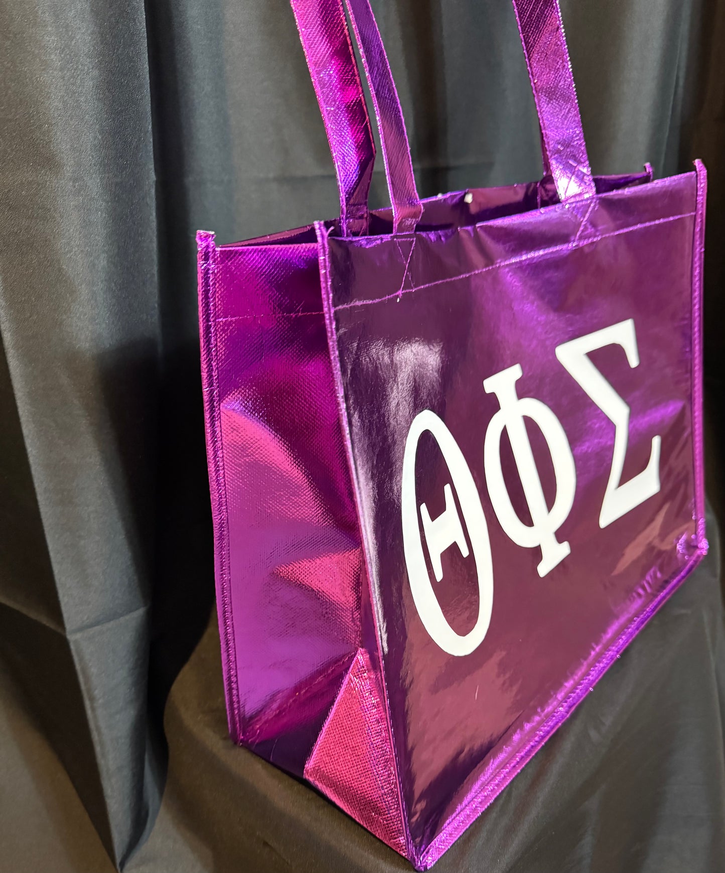 Purple & White Theta Metallic Tote Bag