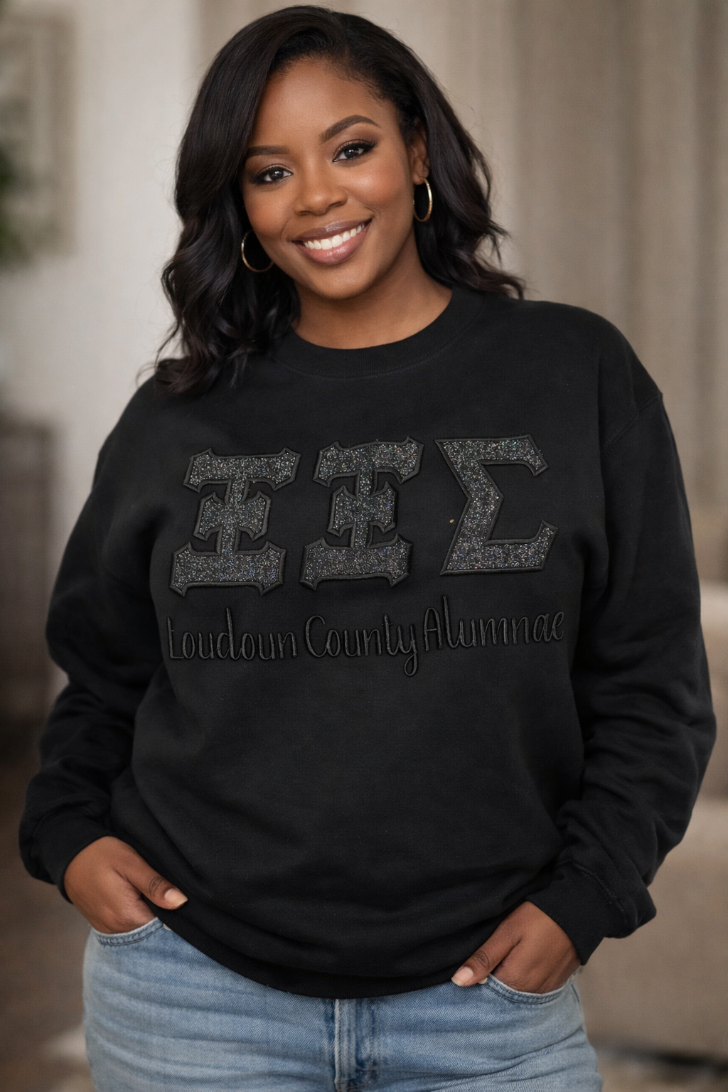 XXS Black Greek Glitter Embroidery Sweatshirt w/ 3D Location