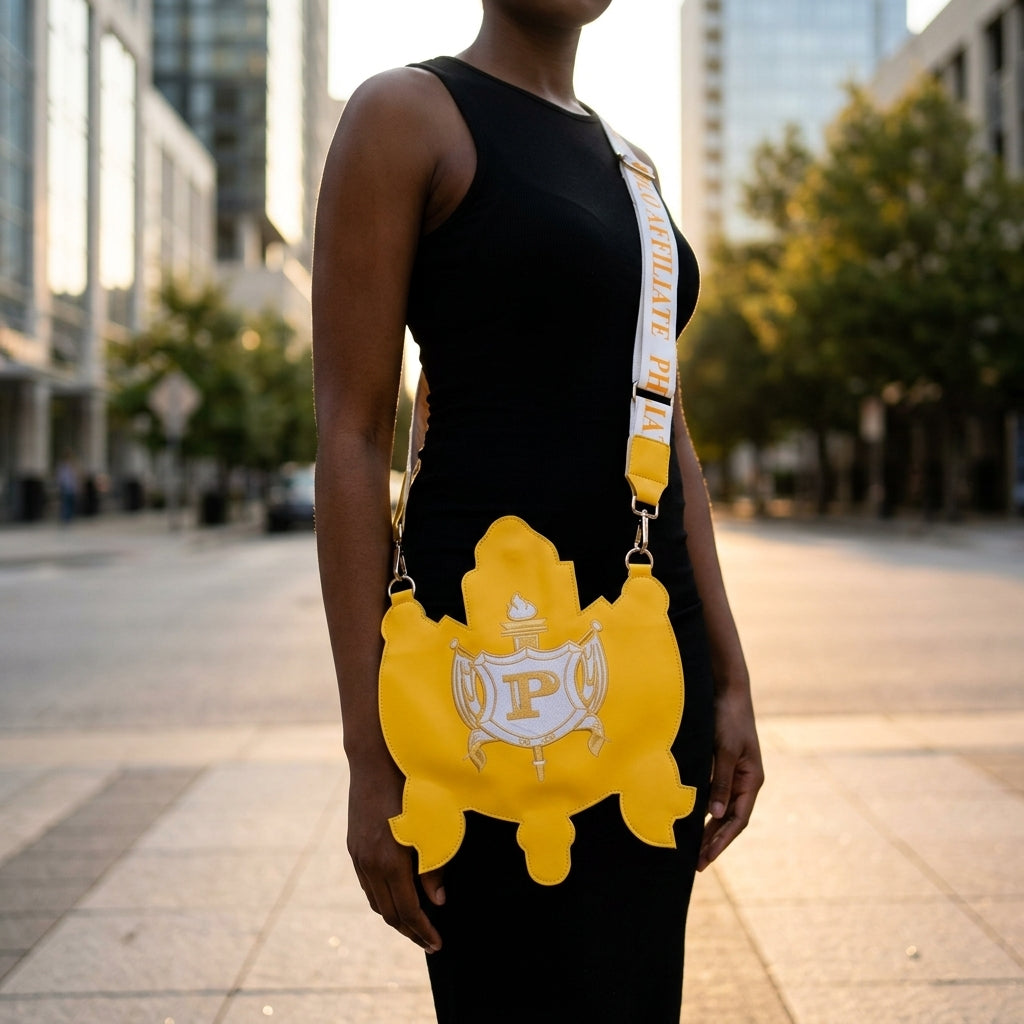 Full-body shot of a model wearing PHILO Crossbody Bag outdoors during golden hour, emphasizing bag's size, structure, and faux leather finish.