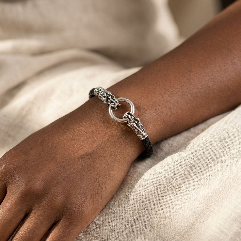 Black twisted leather bracelet with silver lion head accents holding a ring