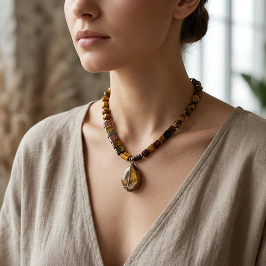 Full-body shot of a model wearing the Jasper Stone necklace, showcasing the natural fall and earthy tones in a modern studio setting.