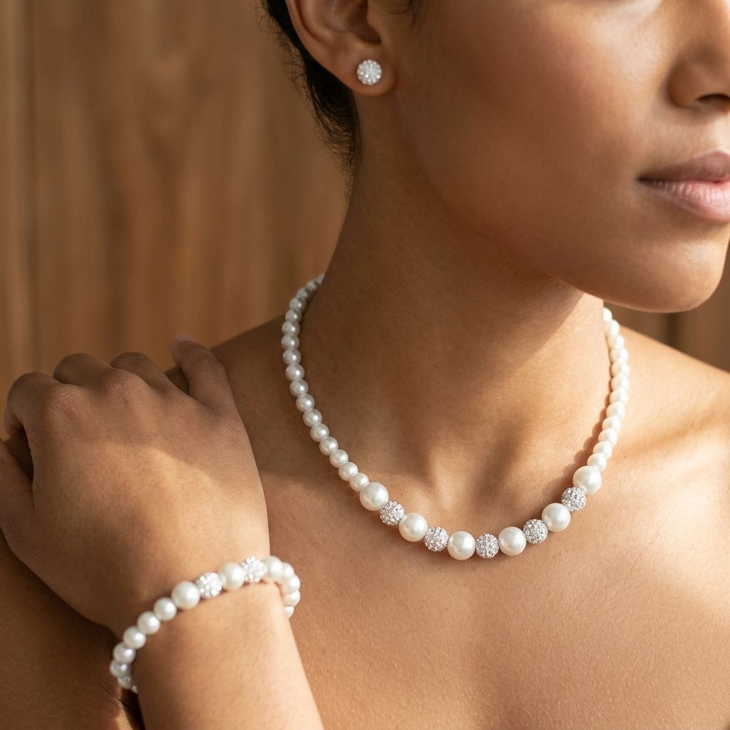 Delicate white pearl and clay shamballa jewelry set on a minority woman, featuring necklace, bracelet, and post earrings, displayed naturally.