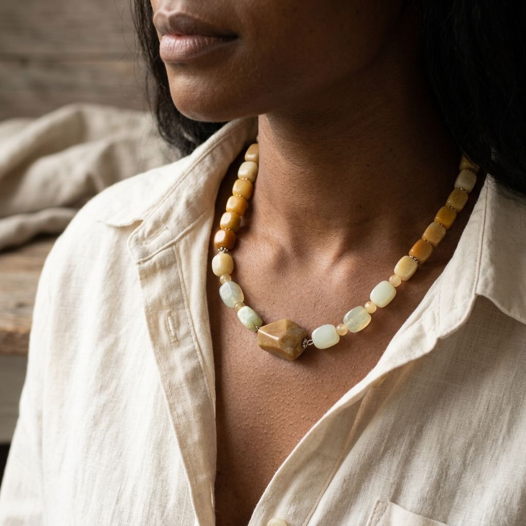 Minority woman wearing a delicate yellow quartz stone necklace with tan accent and toggle clasp, styled with collar slightly open.