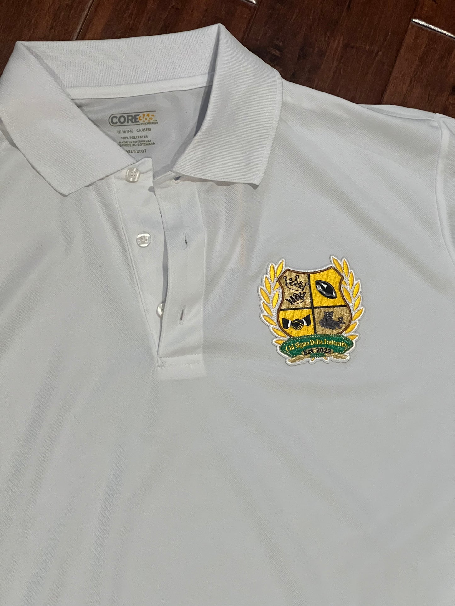 2XL White Fraternity Polo with Patch